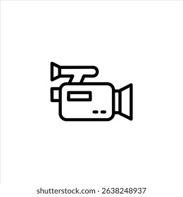 A monochrome line icon of a handheld camcorder. Represents video recording, filmmaking, and broadcasting. Isolated on a white background.