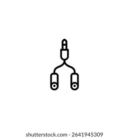 Monochrome line icon of a headphone splitter Y-cable, one plug to two sockets. Isolated on a white background.