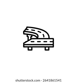 Monochrome line icon of a highway overpass, showing one road segment passing over another, supported by columns. Isolated vector for transportation or civil engineering themes.
