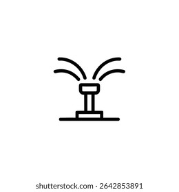 Ícone de linha monocromática de um pulverizador de irrigação com linhas de pulverização de água. Ilustração vetorial 2D plana com formas simples, contorno uniforme em negrito, design minimalista.