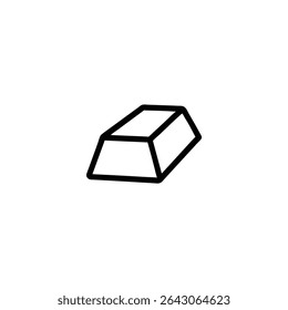 Ícone de linha monocromática de uma barra ou lingote metálico, representado como uma forma simples de prisma trapezoidal. Isolado no fundo branco.