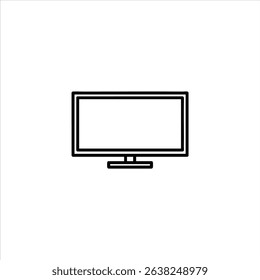 A monochrome line icon of a modern widescreen flat-panel television on a stand. Represents home entertainment and media viewing. Isolated on white.