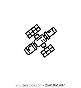 Monochrome line icon of a modular space station, with cylindrical modules and solar panel outlines. Isolated vector for science or technology themes.
