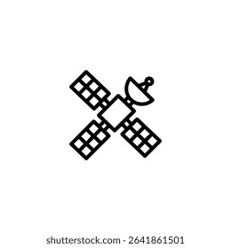 Monochrome line icon of an orbiting satellite, featuring a central body, solar panel wings, and a dish antenna. Isolated vector for technology or communication themes.