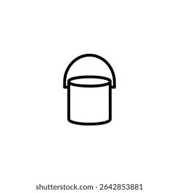 Monochrome line icon of a paint can with a wire handle. Flat 2D vector illustration with simple shapes, bold uniform outline, minimalist design.