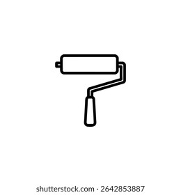 Monochrome line icon of a paint roller with cylinder and handle. Flat 2D vector illustration with simple shapes, bold uniform outline, minimalist design.