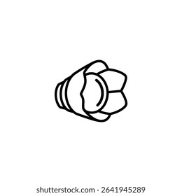 Monochrome line icon of a petal-style camera lens hood. Isolated on a white background.