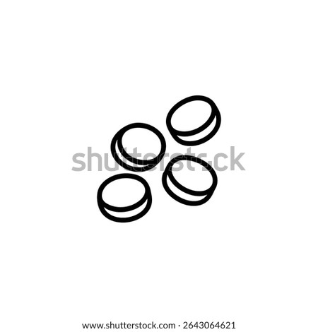 Monochrome line icon of plastic pellets, showing three or four small, irregular circular or pill-shaped outlines. Isolated on white background.
