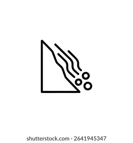 Monochrome line icon representing an avalanche on a mountainside slope. Isolated on a white background.