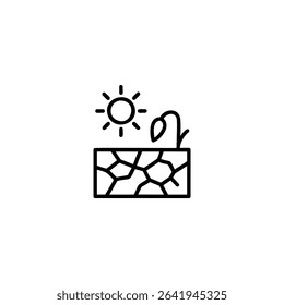 Monochrome line icon representing drought with a cracked earth pattern. Isolated on a white background.