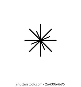Monochrome line icon representing innovation or a new idea, depicted as a central point with sharp, straight lines radiating outwards like a burst. Isolated on white background.