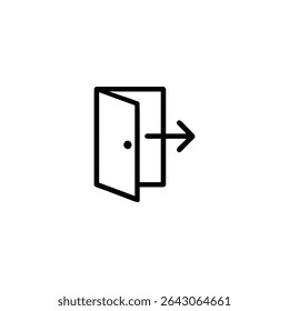 Monochrome line icon representing opportunity, depicted as a simple rectangular door frame with the door ajar and an arrow pointing through. Isolated on white background.