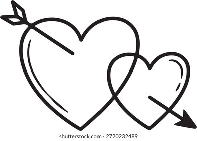 A monochrome line icon representing two hearts interlocked and pierced by an arrow, symbolizing enduring love and romance.
