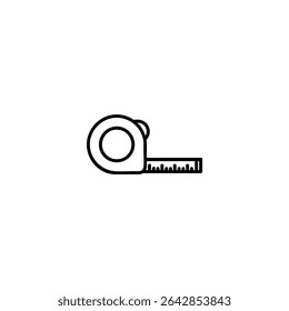Monochrome line icon of a retractable measuring tape with extended tape. Flat 2D vector illustration with simple shapes, bold uniform outline, minimalist design.
