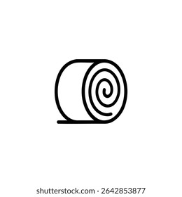 Monochrome line icon of a round hay bale with spiral line details. Flat 2D vector illustration with simple shapes, bold uniform outline, minimalist design.