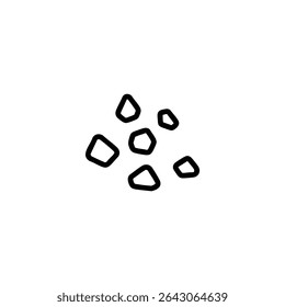 Monochrome line icon of sand grains, depicted as a cluster of 5-7 very small, irregular, angular dot-like shapes. Isolated on white background.