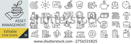 monochrome line icon set of asset management and investment vector