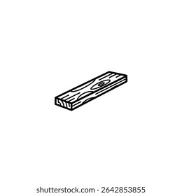 Monochrome line icon of a single wood plank, possibly with grain lines. Flat 2D vector illustration with simple shapes, bold uniform outline, minimalist design.