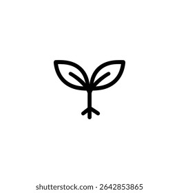 Monochrome line icon of a small growing sprout with leaves and stem. Flat 2D vector illustration with simple shapes, bold uniform outline, minimalist design.