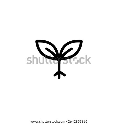 Monochrome line icon of a small growing sprout with leaves and stem. Flat 2D vector illustration with simple shapes, bold uniform outline, minimalist design.