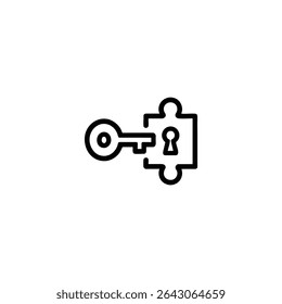 Monochrome line icon for a solution or fit, depicting a highly simplified key shape approaching an abstract keyhole or puzzle piece outline. Isolated on white background.