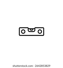 Monochrome line icon of a spirit level tool with bubble vial outline. Flat 2D vector illustration with simple shapes, bold uniform outline, minimalist design.