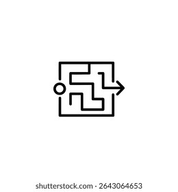 Monochrome line icon for strategy or a planned route, depicted as a very simple, small maze-like path with a clear single entry and exit point. Isolated on white background.