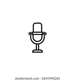 Monochrome line icon of a studio condenser microphone on a simple upright stand. Isolated on a white background.
