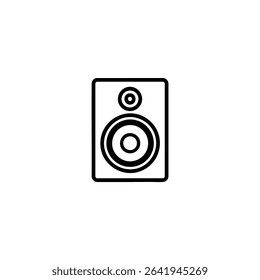 Monochrome line icon of a studio monitor speaker with woofer and tweeter outlines. Isolated on a white background.