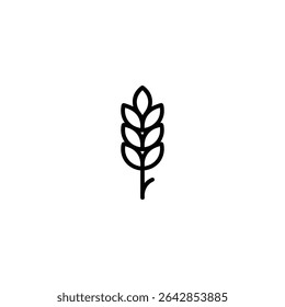 Monochrome line icon of a stylized wheat stalk with grains. Flat 2D vector illustration with simple shapes, bold uniform outline, minimalist design.