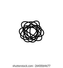 Monochrome line icon symbolizing complexity or a problem, shown as a single, continuous line that loops and crosses over itself multiple times. Isolated on white background.