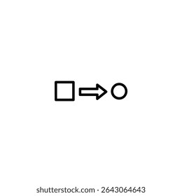 Monochrome line icon symbolizing transformation or change, showing a simple square on the left, an arrow, and a circle on the right. Isolated on white background.
