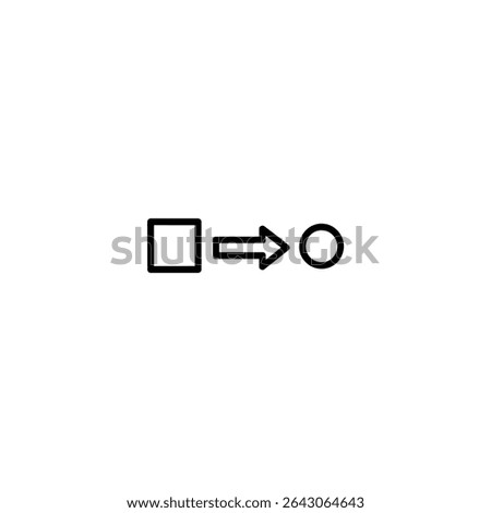 Monochrome line icon symbolizing transformation or change, showing a simple square on the left, an arrow, and a circle on the right. Isolated on white background.