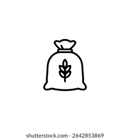 Ícone de linha monocromática de um saco de grãos amarrados, ligeiramente saliente. Ilustração vetorial 2D plana com formas simples, contorno uniforme em negrito, design minimalista.