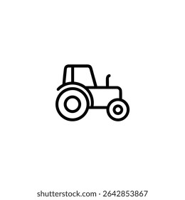 Monochrome line icon of a tractor in simplified side profile. Flat 2D vector illustration with simple shapes, bold uniform outline, minimalist design.