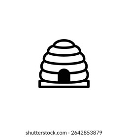 Monochrome line icon of a traditional beehive skep, a domed straw structure. Flat 2D vector illustration with simple shapes, bold uniform outline, minimalist design.