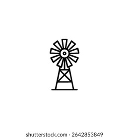 Monochrome line icon of a traditional farm windmill with multi-bladed rotor. Flat 2D vector illustration with simple shapes, bold uniform outline, minimalist design.