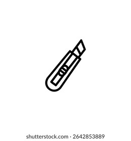 Ícone de linha monocromática de uma faca de serviço público ou cortador de caixa com lâmina retrátil. Ilustração vetorial 2D plana com formas simples, contorno uniforme em negrito, design minimalista.