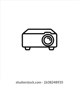 A monochrome line icon of a video projector. Represents presentations, home cinema, and displaying media on a large screen. Isolated on white.
