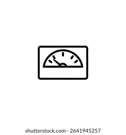 Monochrome line icon of a VU meter with a needle pointer and scale markings. Isolated on a white background.