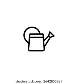 Monochrome line icon of a watering can with handle, spout, and rose. Flat 2D vector illustration with simple shapes, bold uniform outline, minimalist design.