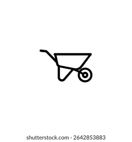 Monochrome line icon of a wheelbarrow in simplified side profile. Flat 2D vector illustration with simple shapes, bold uniform outline, minimalist design.