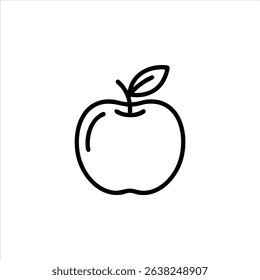 A monochrome line icon of a whole apple with a stem and leaf. A classic symbol for education, health, and teachers. Isolated on a white background.