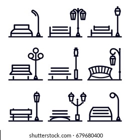 Monochrome linear abstract landscape design element set, park street elements. Park bench and lantern, vector illustration and logos collection