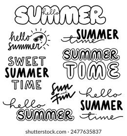 Monochrome lineare abstrakte Sommerzeit-Etikettensatz mit typografischen und grafischen Vektorgrafik Doodle-Elementen isoliert auf weißem Hintergrund für Web und Druck