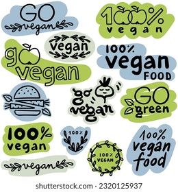 monochrome linear abstract vege vegan label set with typographic and graphic doodle elements on colorful badges isolated on white background for web and print