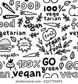 monochrome linear abstract vegetarian vegan seamless pattern with typographic and graphic doodle elements isolated on white background for web and print