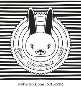 monochrome linear background with silhouette frame decorative and face rabbit cute animals text vector illustration