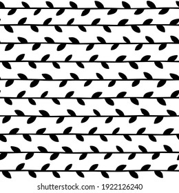 Monochrome linear branches horizontal seamless pattern. Repeatable vector background with retro style flat botanical shapes on white background.