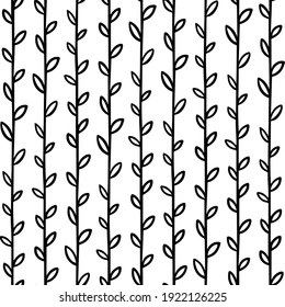 Ramas lineales monocromáticas de patrón vertical sin soldadura. Fondo vectorial repetible con formas botánicas planas de estilo retro sobre fondo blanco.